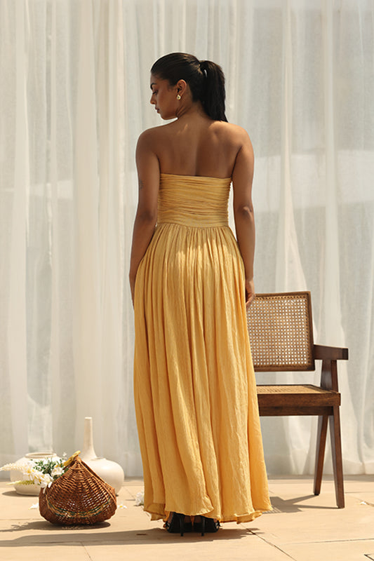 Strapless Crinkle Cotton Maxi Dress – Mustard Yellow Summer Resort Wear