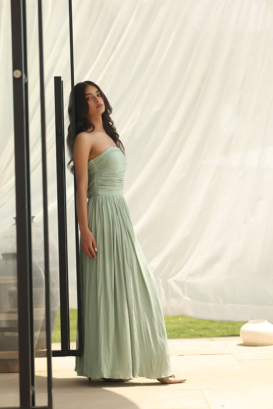 Strapless Crinkle Cotton Maxi Dress – Sage Green Resort Wear