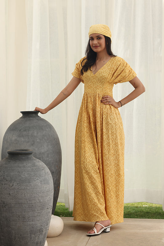 Mustard Yellow Textured Geometric Print Jumpsuit | V-Neck Wide-Leg Jumpsuit with Headband Set