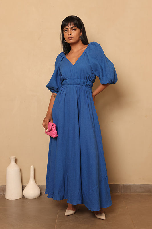 V-Neck Puff Sleeve Maxi Dress – Cerulean Blue Smocked Waist Resort Dress