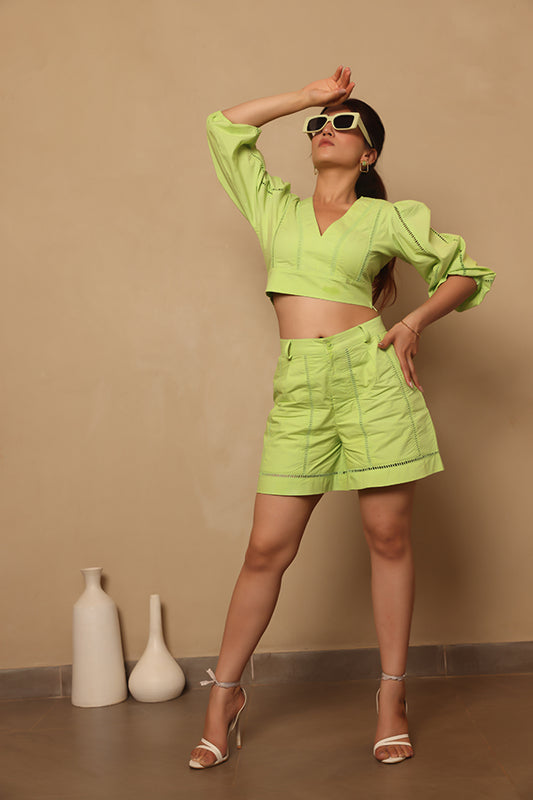 Lime Green Cotton Co-ord Set – Puff Sleeve V-Neck Crop Top and Tailored High-Waisted Shorts