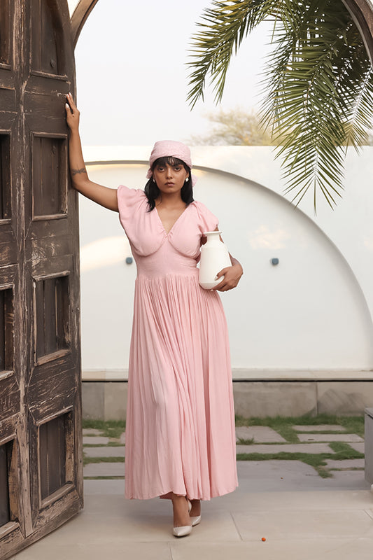 Cap Sleeve Plunge Maxi Dress – Blush Pink Smocked Waist Resort Wear
