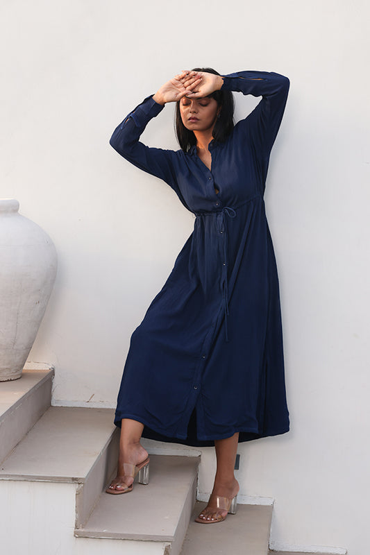 Navy Blue Button-Down Maxi Dress | Tie-Waist Long Sleeve Shirt Dress with Slit