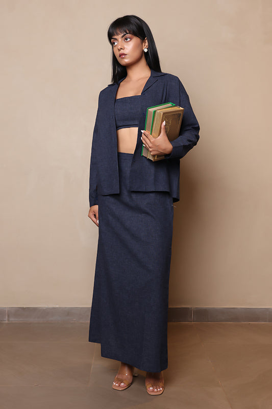 Powder Blue Linen-Blend Co-ord Set – Cropped Button-Up Vest Waistcoat and Tailored Wide-Leg Trousers