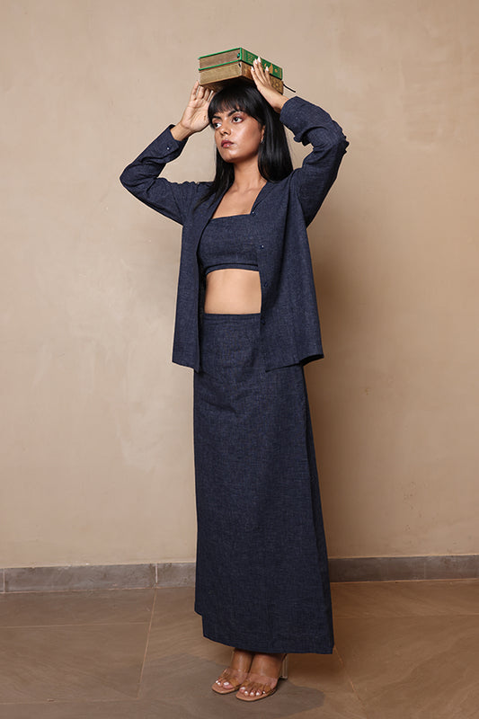 Powder Blue Linen-Blend Co-ord Set – Cropped Button-Up Vest Waistcoat and Tailored Wide-Leg Trousers
