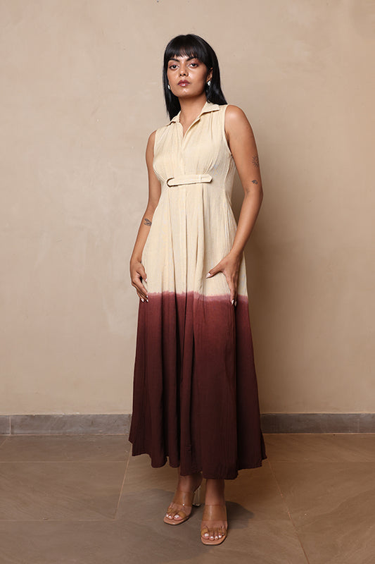 Elegant Two-Tone Ombre Maxi Dress – Sleeveless Collared A-Line Dress with Adjustable Waist Belt