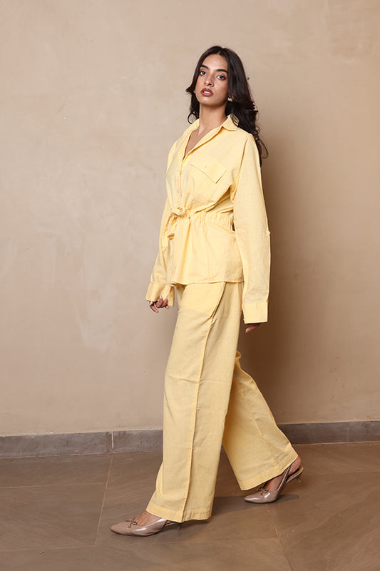 Pastel Yellow Linen-Blend 2-Piece Co-ord Set | Tie-Waist Utility Shirt & Wide-Leg Pants
