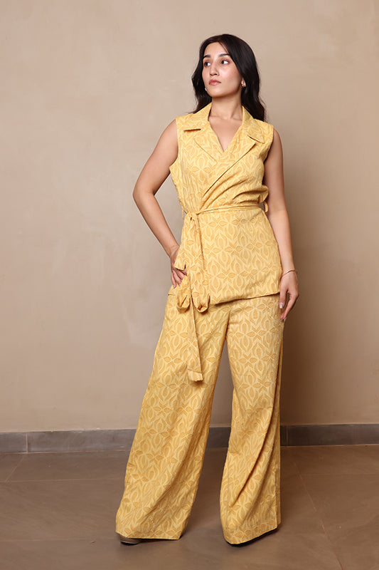 Mustard Yellow 2-Piece Wrap Co-ord Set | Sleeveless Blazer Top & Wide-Leg Pants