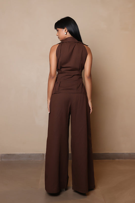Chocolate Brown 2-Piece Halter Co-ord Set | Sleeveless Blazer Top & Wide-Leg Pants