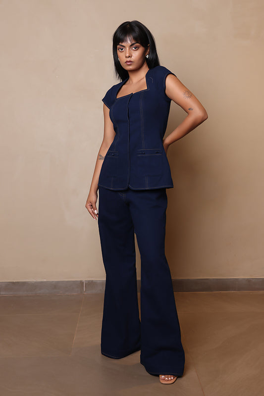 Deep Indigo 2-Piece Denim-Look Co-ord Set | Sweetheart Neck Top & Flared Pants