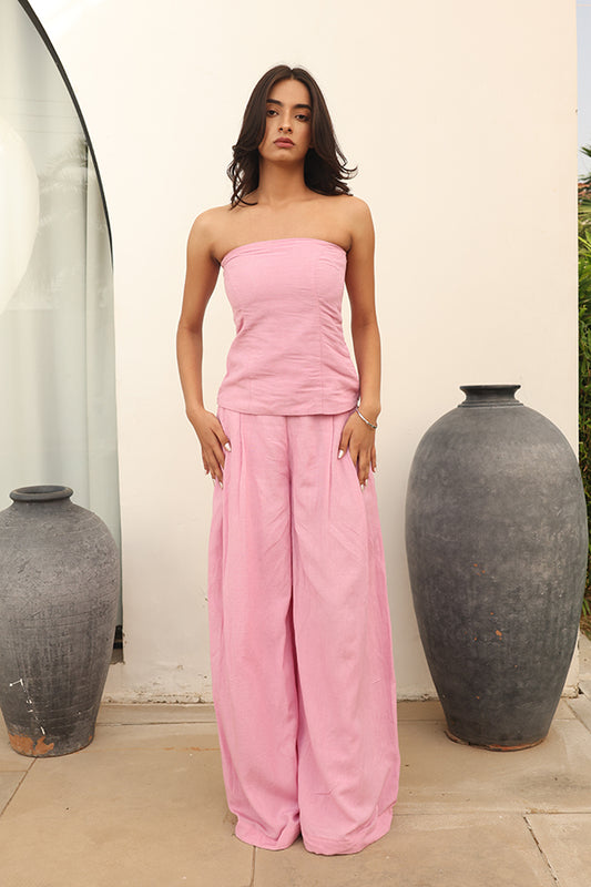 Women Pink Strapless Co-Ord Set with Wide Leg Pants