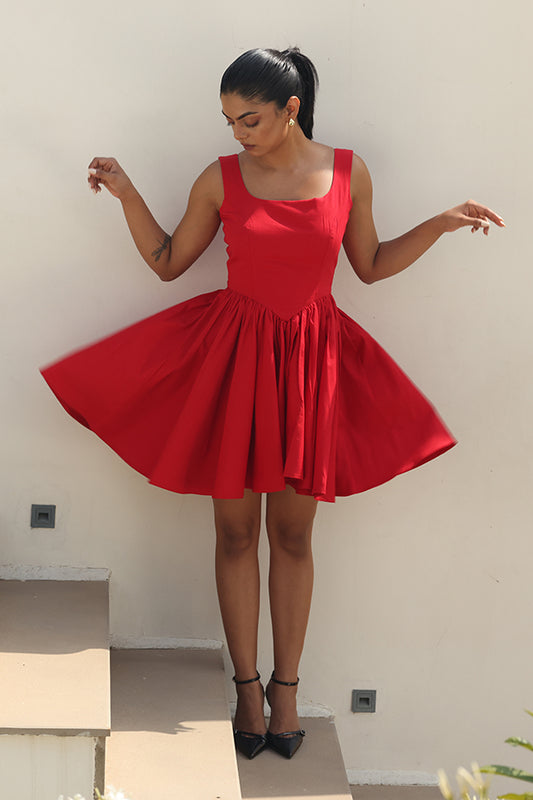 Crimson Red Basque Waist Mini Dress – Sleeveless Square Neck Flared Skater Dress