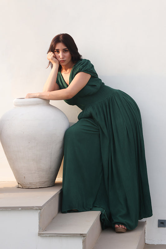 Bottle Green  Smocked Dress