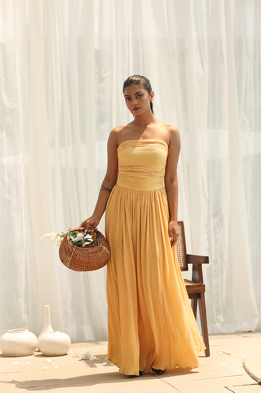 Strapless Crinkle Cotton Maxi Dress – Mustard Yellow Summer Resort Wear