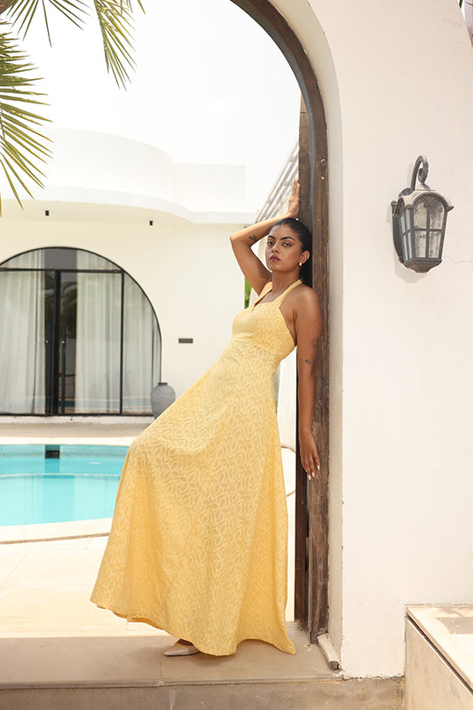 Strapless Tube Top & Maxi Skirt Co-ord Set – Yellow Geometric Textured Two-Piece