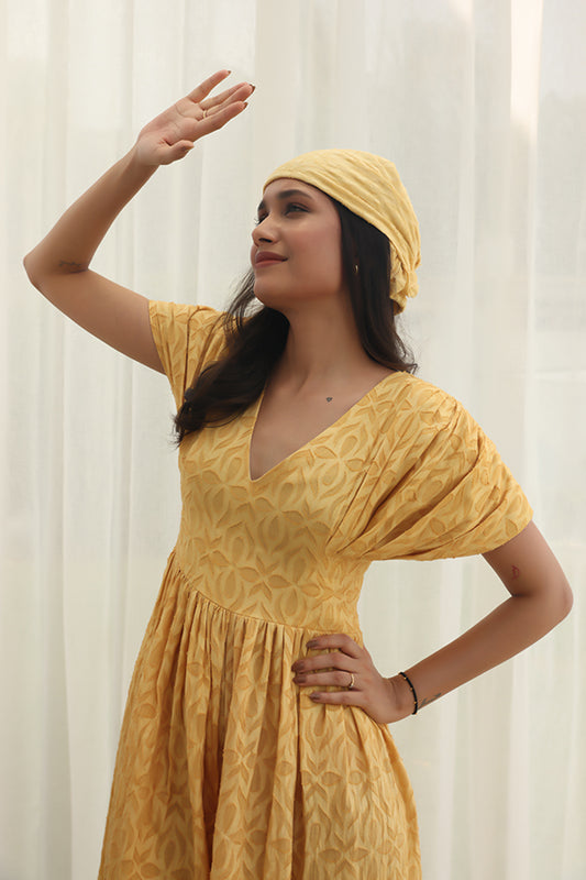 Mustard Yellow Textured Geometric Print Jumpsuit | V-Neck Wide-Leg Jumpsuit with Headband Set