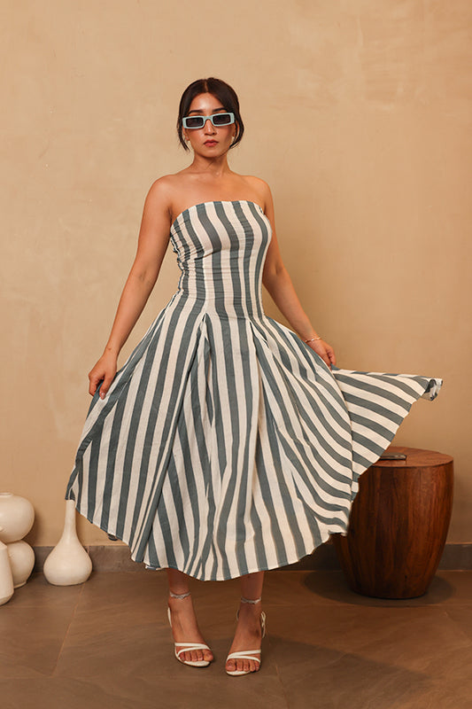 Strapless Striped Midi Dress – Olive Green and White 3/4 Length Summer Dress