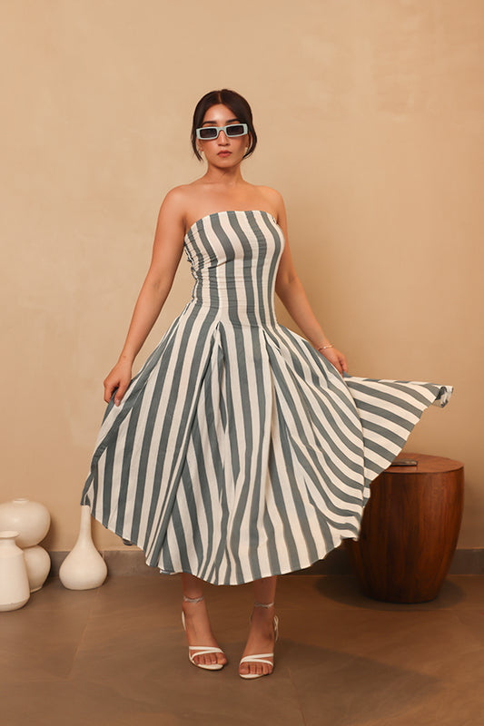 Strapless Striped Midi Dress – Olive Green and White 3/4 Length Summer Dress