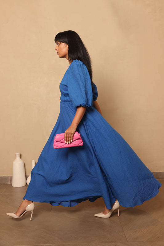 V-Neck Puff Sleeve Maxi Dress – Cerulean Blue Smocked Waist Resort Dress