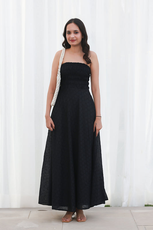 Midnight Black Strapless Smocked Maxi Dress – Elegant Cotton Eyelet A-Line Dress