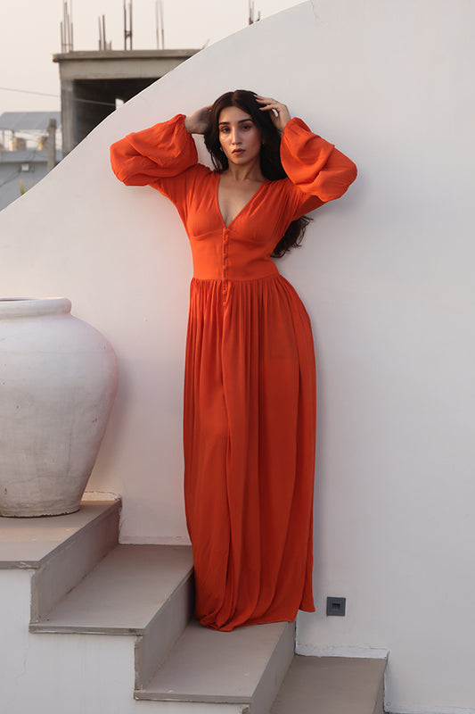 V-Neck Bishop Sleeve Maxi Dress – Burnt Orange Button-Front Resort Dress