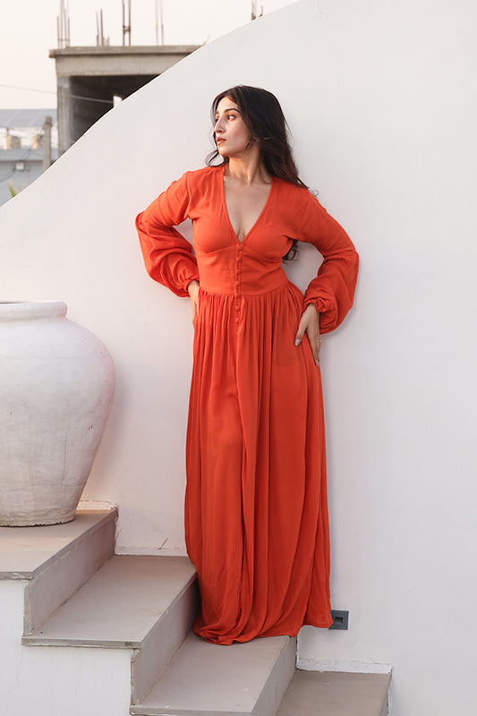 V-Neck Bishop Sleeve Maxi Dress – Burnt Orange Button-Front Resort Dress