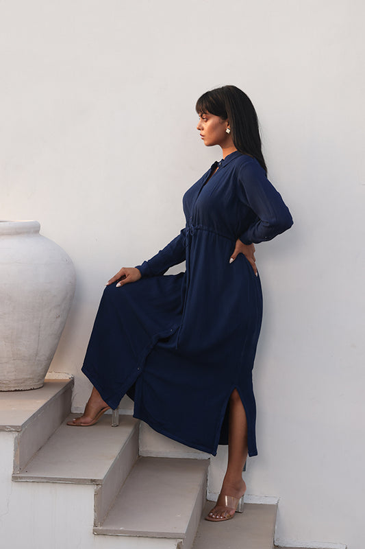 Navy Blue Button-Down Maxi Dress | Tie-Waist Long Sleeve Shirt Dress with Slit