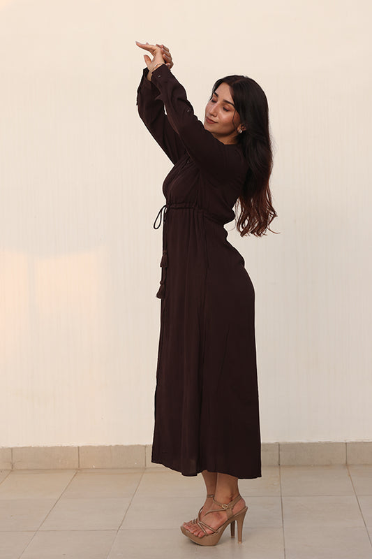 Chocolate Brown Button-Down Maxi Dress | Tie-Waist Long Sleeve Shirt Dress with Tassels