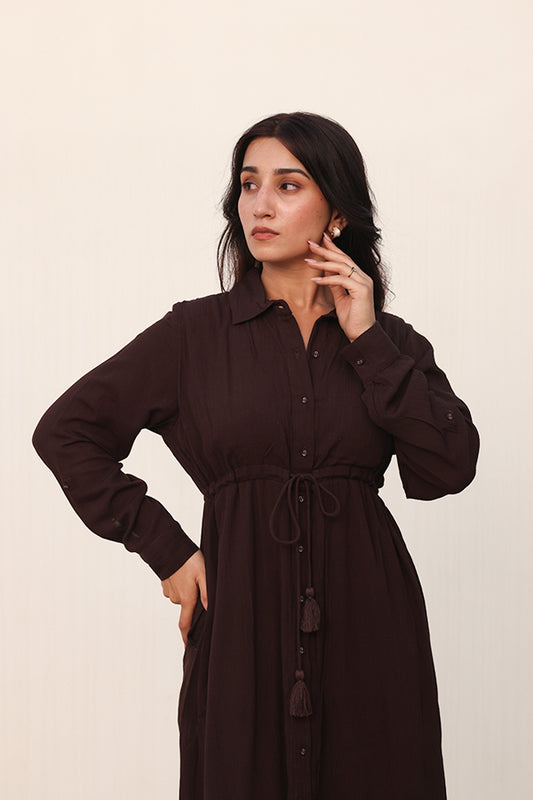 Chocolate Brown Button-Down Maxi Dress | Tie-Waist Long Sleeve Shirt Dress with Tassels