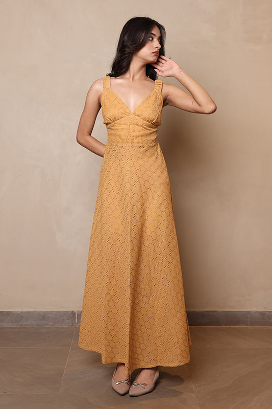 V-Neck Cotton Eyelet Maxi Dress – Mustard Tan Schiffli Summer Sundress