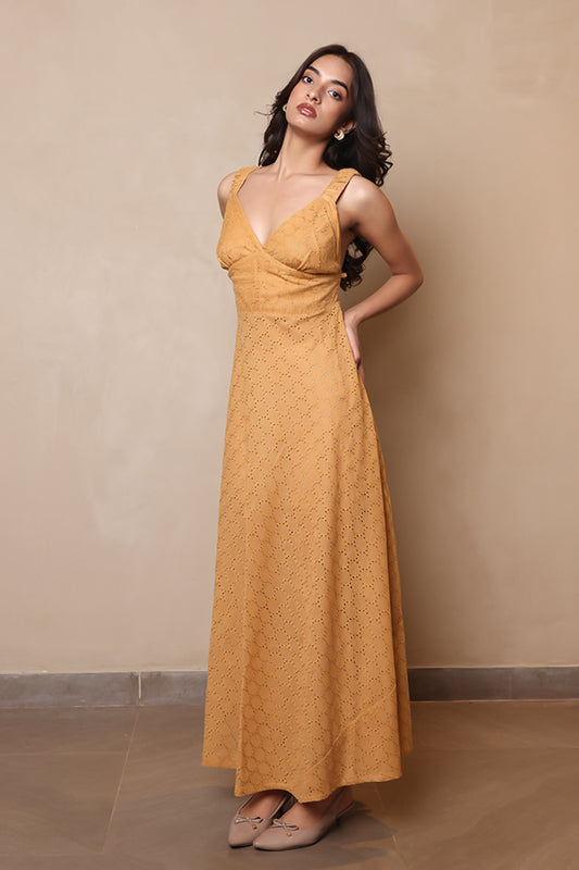 V-Neck Cotton Eyelet Maxi Dress – Mustard Tan Schiffli Summer Sundress