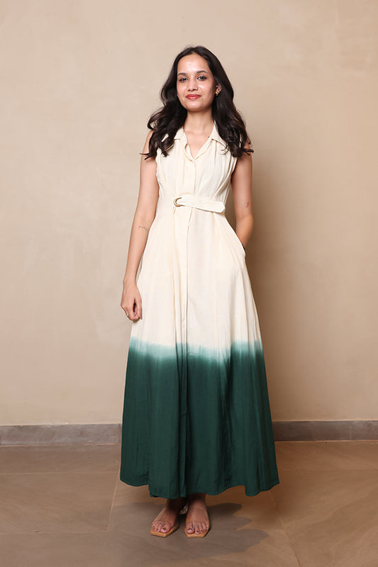 Off-White and Green Dip-Dyed Maxi Dress | Sleeveless Collar Dress with Belt