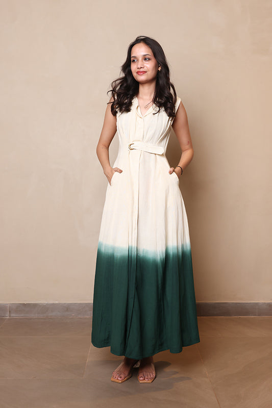 Off-White and Green Dip-Dyed Maxi Dress | Sleeveless Collar Dress with Belt