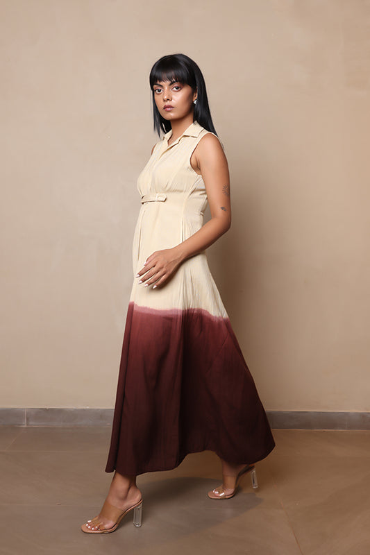 Elegant Two-Tone Ombre Maxi Dress – Sleeveless Collared A-Line Dress with Adjustable Waist Belt