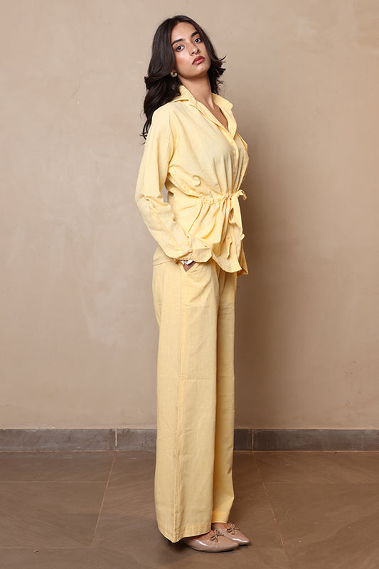 Pastel Yellow Linen-Blend 2-Piece Co-ord Set | Tie-Waist Utility Shirt & Wide-Leg Pants