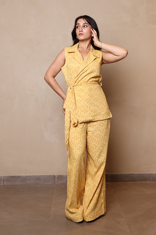 Mustard Yellow 2-Piece Wrap Co-ord Set | Sleeveless Blazer Top & Wide-Leg Pants