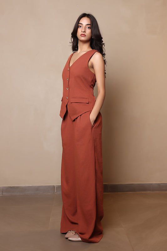 Rust Orange 2-Piece Vest Co-ord Set | Sleeveless Waistcoat & Pleated Wide-Leg Trousers