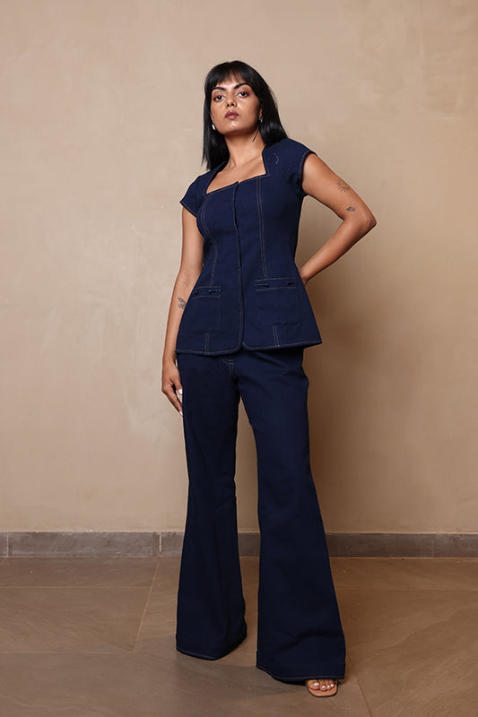 Deep Indigo 2-Piece Denim-Look Co-ord Set | Sweetheart Neck Top & Flared Pants