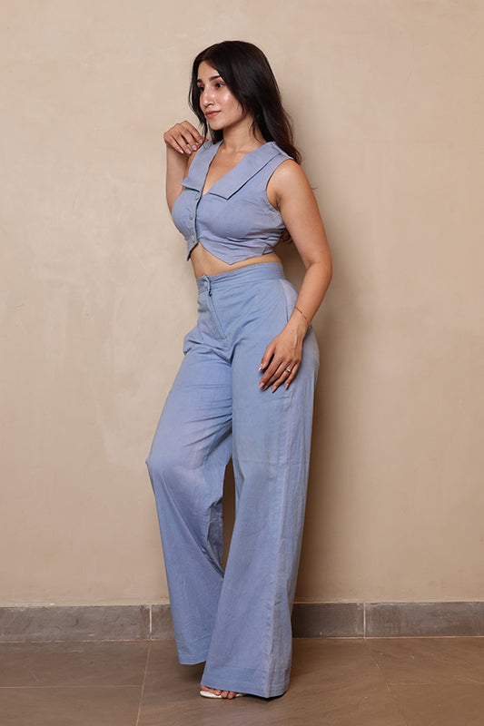 Pastel Blue Cotton-Blend Co-ord Set – Cropped Waistcoat Vest and High-Waisted Trousers