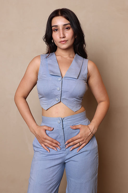 Pastel Blue Cotton-Blend Co-ord Set – Cropped Waistcoat Vest and High-Waisted Trousers