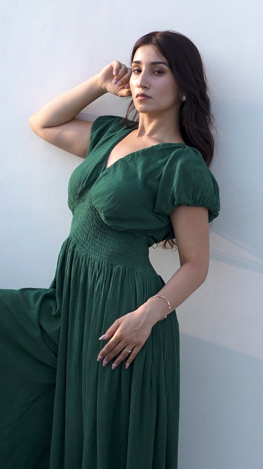 Bottle Green  Smocked Dress