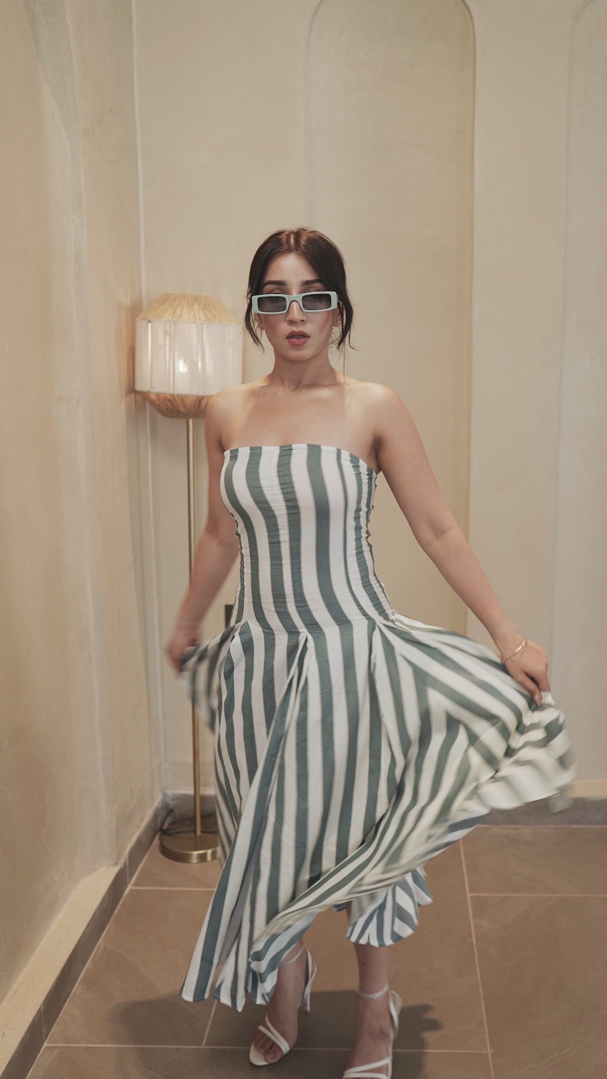 Riviera Pleated Stripe Midi Dress