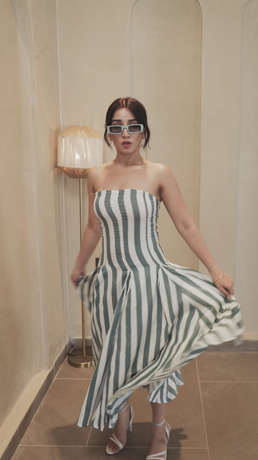 Riviera Pleated Stripe Midi Dress